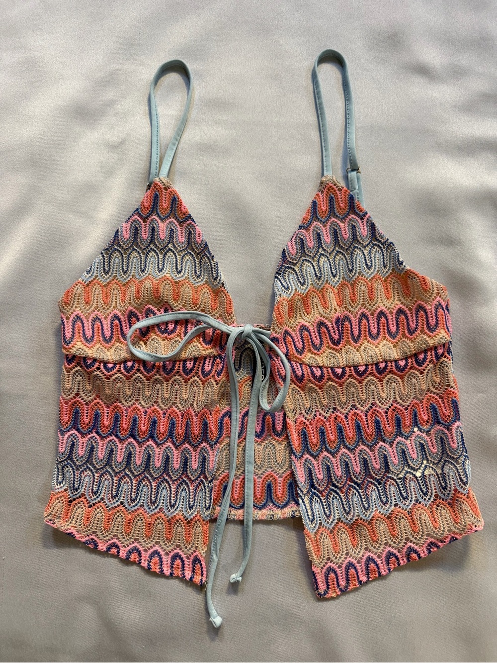 Divided Multicolor Crochet Crop Top with Light Blue Ties